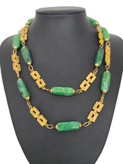 Vintage Asian Export Green Faux Jade Lucite Long Necklace Geometric Links 36.5″