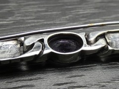 Vintage Sterling Silver Unique Oval Purple Stone Marcasite Bar Brooch Pin