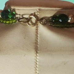Vintage OOAK Green Cat’s Eye Glass Beaded Necklace Rhinestone Brooch Statement