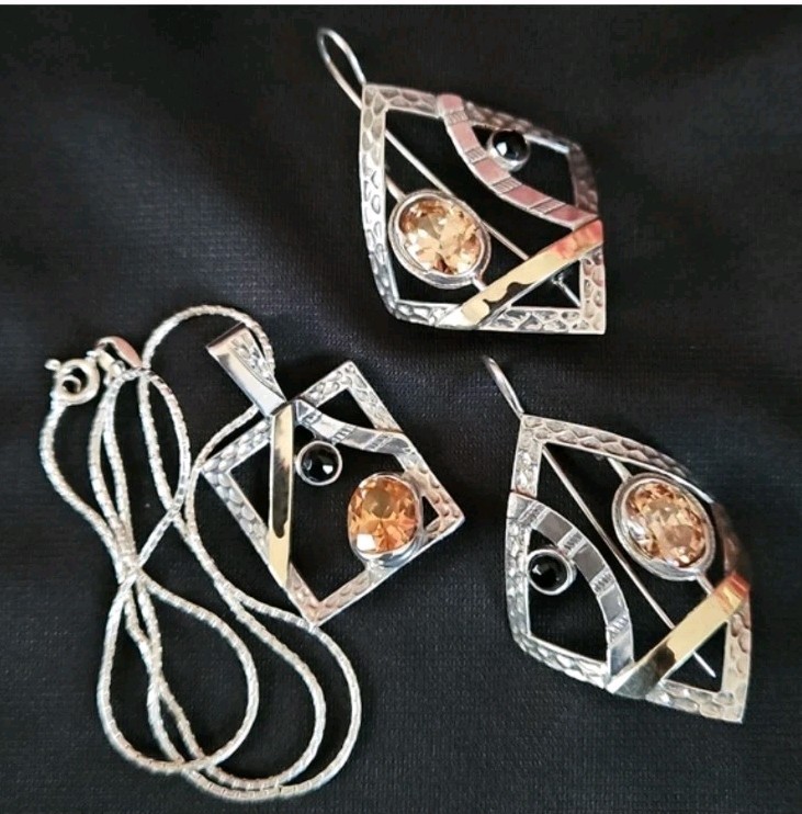 Vintage 925 Silver And Gold Necklace And Earrings Set