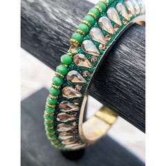 Vintage Bracelet / Bangle – Green & Gold Tone with Fancy Detail