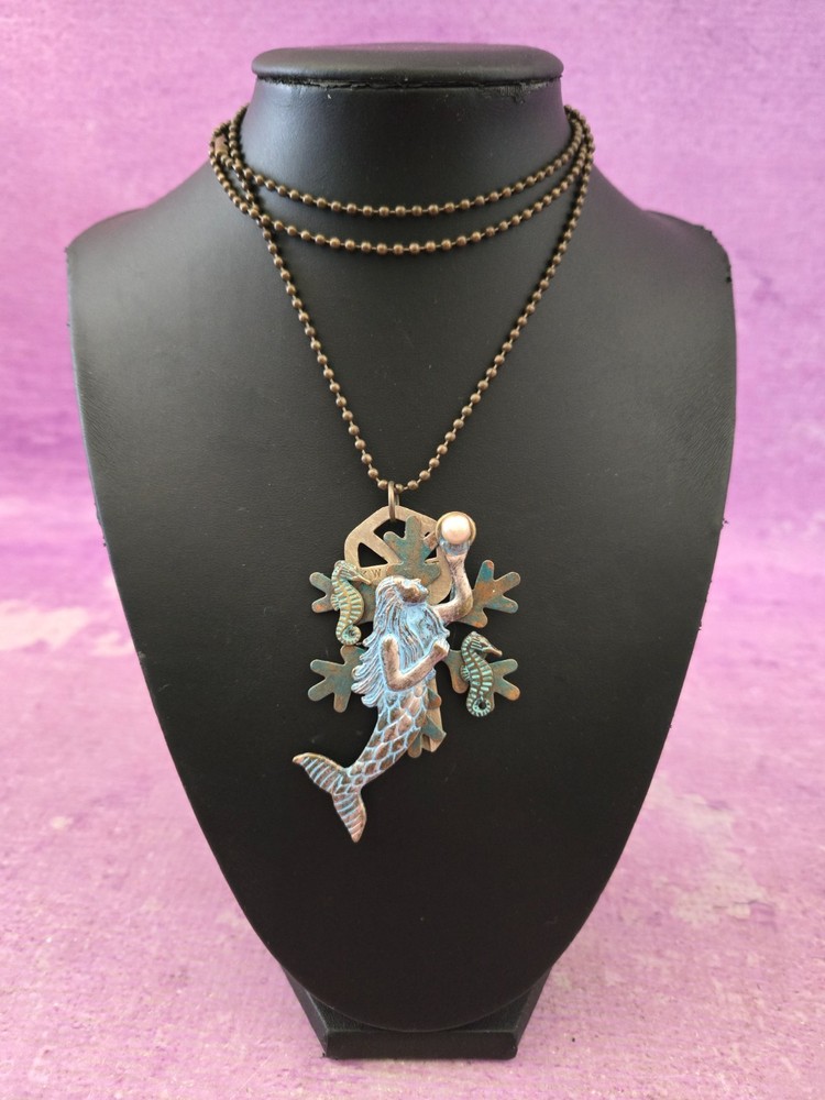 Steampunk Mermaid Key Necklace Long 32in Pendant Seahorses Pearl Bronze Sea Life