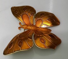 Vintage Made in Germany Enamel Butterfly Brooch Pin Orange Amber Gold Tone LARGE