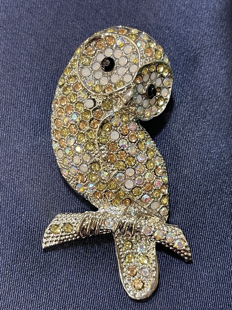 Large Vintage Owl Bird AB Rhinestone Brooch Pin Perched On Branch Costume