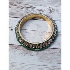 Vintage Bracelet / Bangle – Green & Gold Tone with Fancy Detail