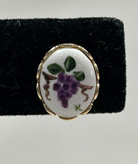 Vintage Purple Grapes Pierced Earrings Hand Painted Enamel Oval Goldtone Dainty