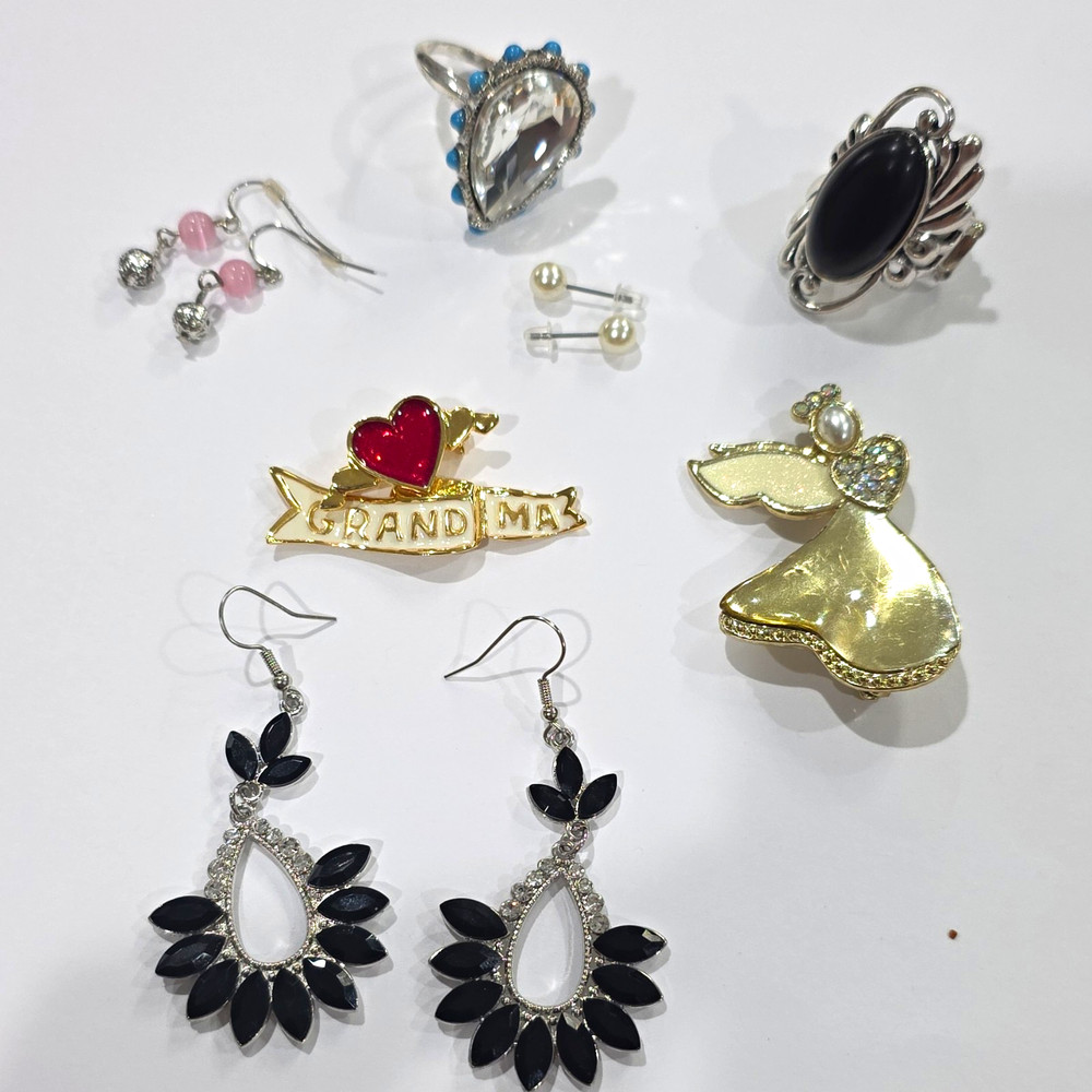 7pc Mixed Lot Fashion Jewelry Rings, Earrings & Brooches Rhinestone/Pearl