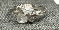 Vargas 18K HGE White Gold Plated Two Rhinestone Bypass Ring Vintage Sz 8
