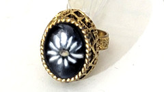 Vintage Blue Glass Ring Floral Dome Gold Tone Metal Band Adjustable Etched