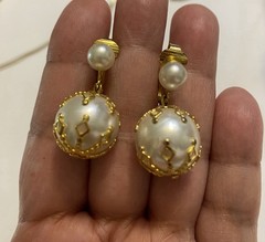 Vintage CELEBRITY Signed Gold Filigree Cage Pearl Orb Statement Clip On Earrings