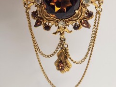 Vintage Florenza Signed Brooch Amber Topaz Rhinestone Gold Tone Chains 3.25″ Lg