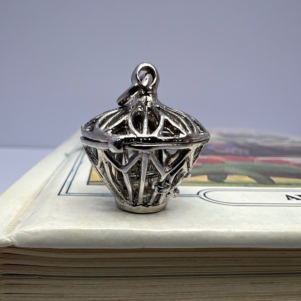 Vintage Sterling Silver Birdcage Charm Pendant Bird on Swing Cottage Victorian