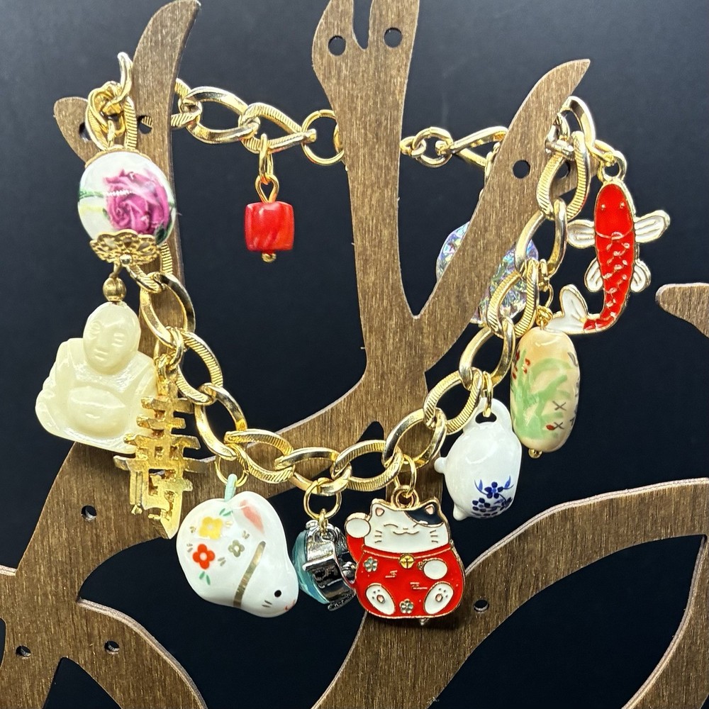 Vintage Custom Charm Bracelet + Vtg Charms: Faux Opal, Fish, Lucky Cat, MORE