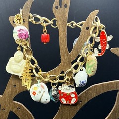Vintage Custom Charm Bracelet + Vtg Charms: Faux Opal, Fish, Lucky Cat, MORE