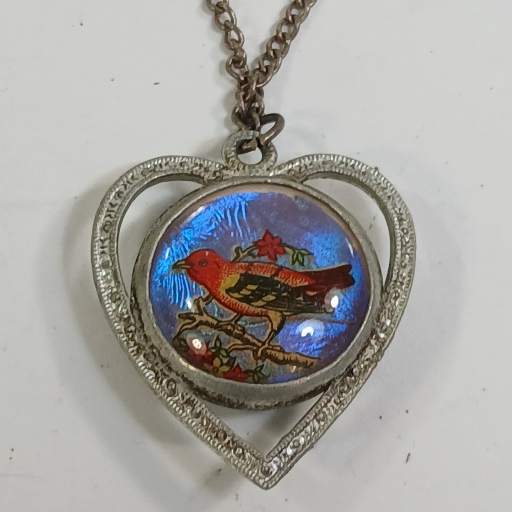 Vintage Double Sided Heart Bird Open Work Shiny Pendant Silver Tone Necklace