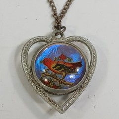 Vintage Double Sided Heart Bird Open Work Shiny Pendant Silver Tone Necklace