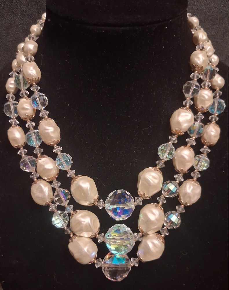 Miriam Haskell 30s AB Crystal Pearl 3 Strand Necklace