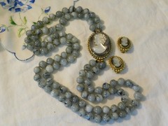 Vintage Carved Abalone Cameo Agate Beaded Necklace Brooch and Earrings Set