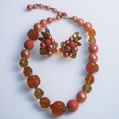 Vintage Eugene Parure Necklace Clip Earrings Set Bead Rhinestone Cluster 1950’s