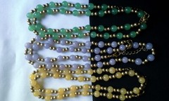 Set of 3 Icy Jade Jadeite Bead Necklaces Green Lavender Yellow Gold Tone Plate?