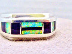 VINTAGE STERLING SILBER ONYX OPAL BAND RING SIZE 8.5 MAN MADE OPAL RING