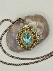VTG 1940s Scrollwork Brooch Aqua Blue Glass Faux Pearl With Gold Tone