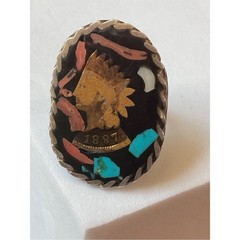 Vintage Sterling Native American Coin Gemstone Mosaic Inlay Ring Size 5.25