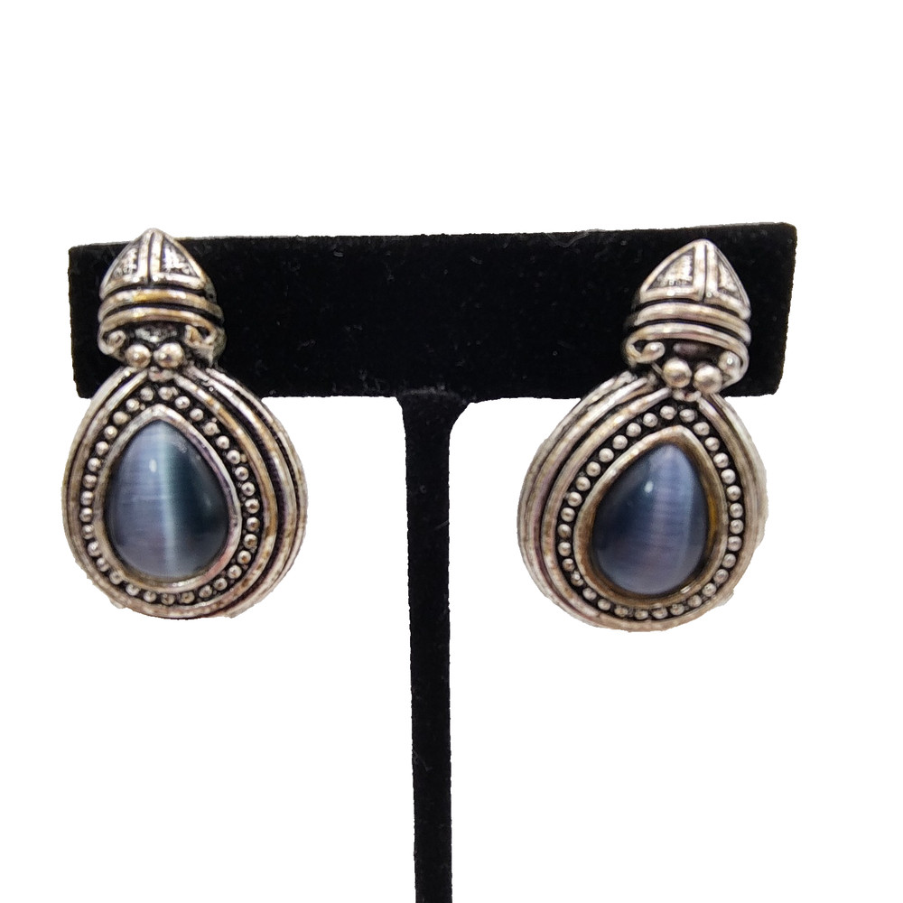 VTG Smoky Gray Cats Eye Moonstone Earrings Clip On Silver Tone Ornate Retro