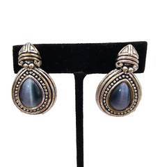 VTG Smoky Gray Cats Eye Moonstone Earrings Clip On Silver Tone Ornate Retro