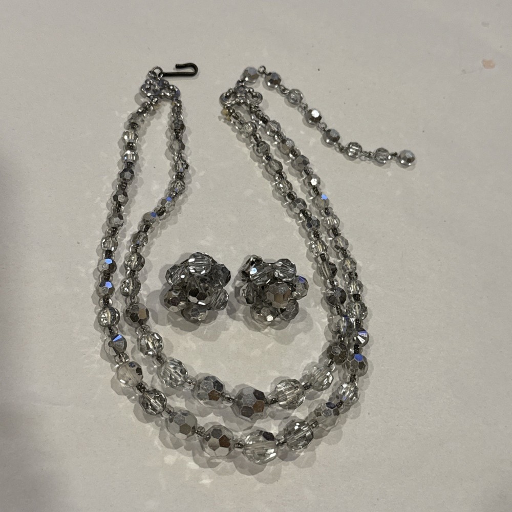 Vintage Silver/Grey Necklace And Earring Set SO SPARKLY13-16” Choker 2 Strand