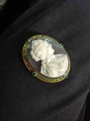 Antique Chalcedony Cameo 14K Gold Brooch/Pendant W/enamel & Emeralds