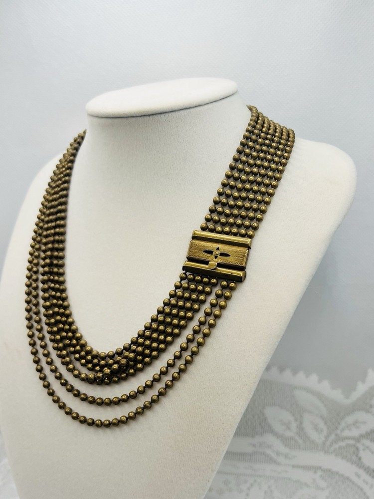 Vintage Art Deco Drippy Brass Ball Chain 7 Multi Strand Waterfall Necklace