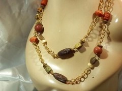 Vintage 80’s Lucite Fall Hues Ornate Detailed Wooden Beaded Necklace 595n2