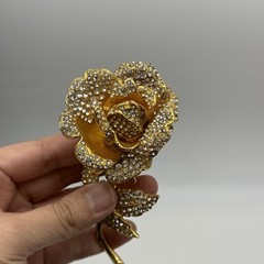 JOSE MARIA BARRERA Rose Huge Brooch Rhinestone Gold Tone Flower Vintage Pin 4.5″