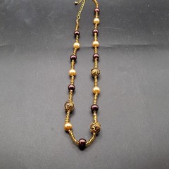 Vintage Beaded Necklace with Murano Glass Beads & Faux Pearl Purples & Golds