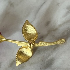 Vintage Rose Brooch Matte Gold Tone Stem Shiny Deep Red Rose 2.25in Pin
