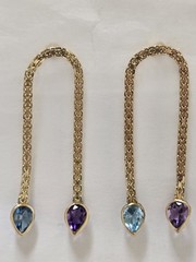 Vintage Antique Dangling Earring 14k Gold Amethyst N Blue Topaz Mesh Design 40mm