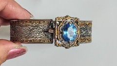 Antique JJ White Art Deco Rhodium/Gold Filigree Hinge Bracelet Blue Czech Stone
