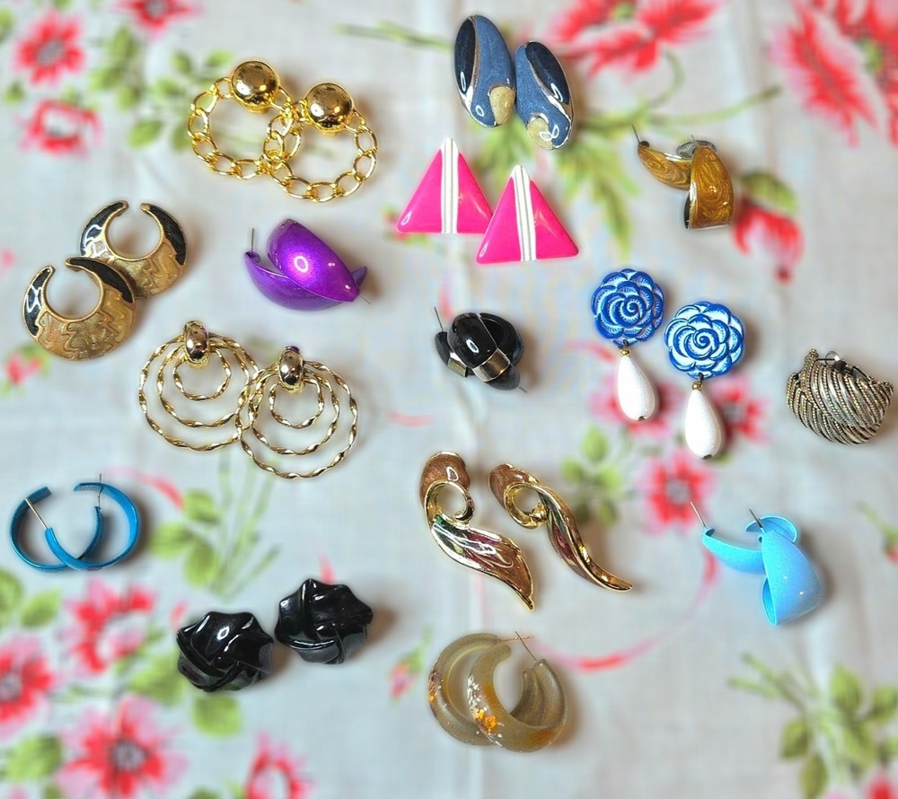 16 Pairs Vintage Earrings Lot For Pierced Ears, 1970s 1980s Costume Jewelry