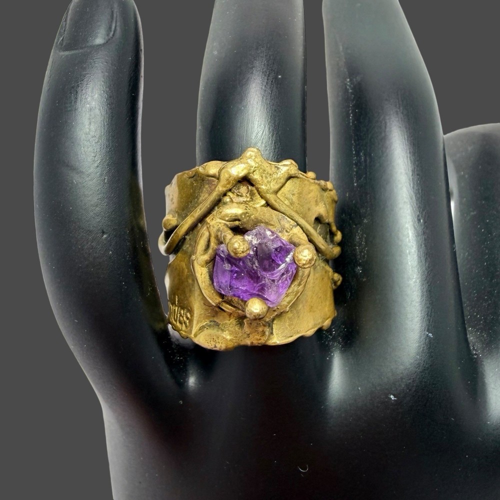 Vtg Brazilian Ernandes Brutalist Brass Ring w/ Raw Amethyst Adjustable 8 – 11