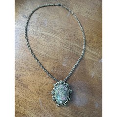VTG Unakite Jasper Cabochon 2 in 1 Pendant Brooch Necklace Gold Tone Victorian