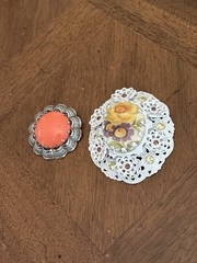 Vintage Western Germany Floral Enamel Brooch & Coral Tone Cabochon Brooch Lot!