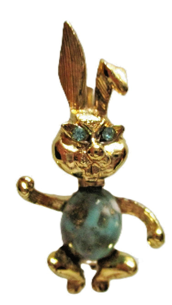 VINTAGE GOLDTONE JELLY BELLY BUNNY RABBIT PIN BROOCH,MCM 1950s -1960s,RHINESTONE