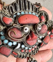 Vtg Tibetan Nepali HUGE 4″ WRATHFUL DEITY PENDANT Coral Turquoise Brass NECKLACE
