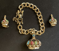 Rare Barclay Rhinestone Charm Bracelet Earrings Crown King Queen Costume Jewelry
