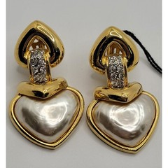 Vintage NOS Vogue Bijoux Heart Clip On Earrings Faux Pearl Crystal Estate Italy