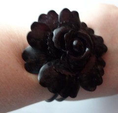 Vtg Chunky Black Enamel Metal Rose Flower Clamper Bracelet Rare Mourning