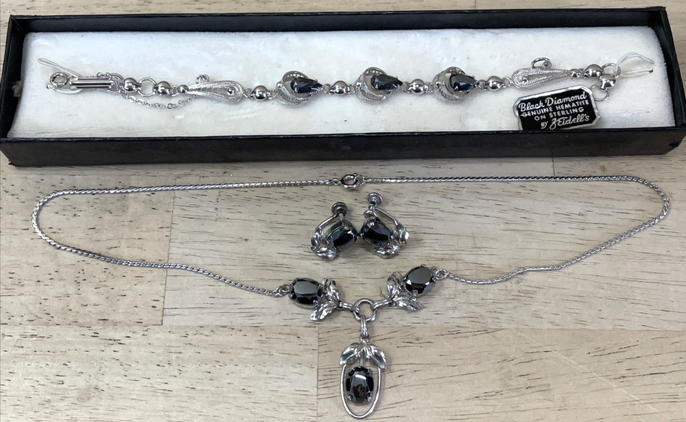 Sterling Hematite Black Diamond Zeidell’s Necklace Earrings Bracelet Vtg 1950s