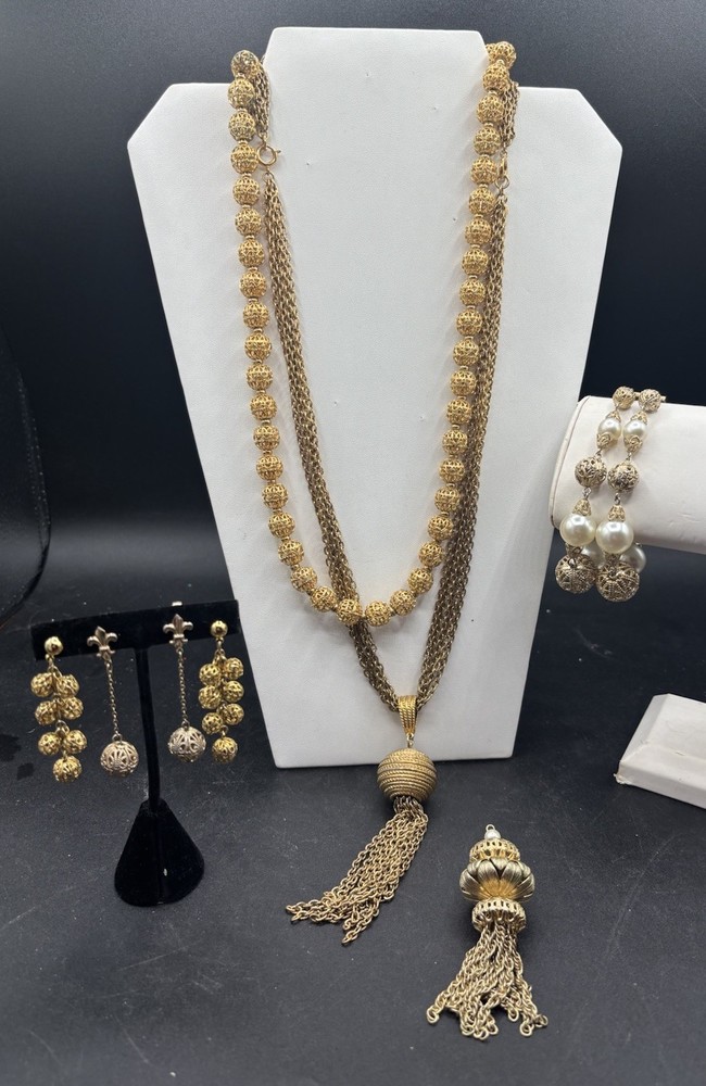 Vtg Monet Avon Gold Tone Filigree Ball Orb Bracelet, Necklace Dangle Earrings