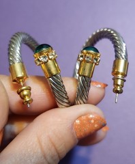NOS! Cable Classic Style Twotone Earrings Rhinestones & Green cabochon Glass